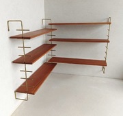 Regał narożny modułowy, półki tekowe typu String. Lata 70