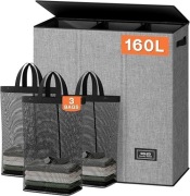 KOSZ NA PRANIE 160L 3 KOMORY Z POKRYWĄ SZARY, KOSZ TRZYKOMOROWY XXL