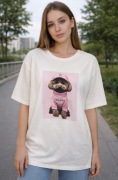 Koszulka damska oversize T-shirt biały z nadrukiem piesek Paris luźna modna