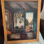 Obraz olejny – klimatyczne wnętrze wiejskie – rama drewniana