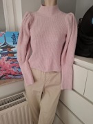 M 38 różowy dzianinowy sweter z golfem golf z bufiastymi rękawami vintage
