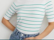 Sweter C&A cienki sweterek tshirt krótki rękaw biały zielony paski 34 XS hm