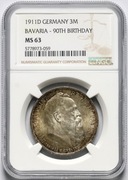 Bawaria, Otto, 3 marki 1911 D, 90. urodziny Luitpolda,