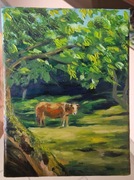 Obraz ręcznie malowany, Pastwisko, krowa, wieś 18x24cm