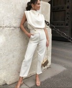 ZARA Elegancki Beżowy Komplet SPODNIE z wysokim stanem + TOP 36 S