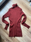 Burgundowy wełniany Sweter golf w prążki wełna vintage retro S M