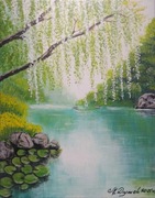 OBRAZ RĘCZNIE MALOWANY PEJZAŻ AKRYLOWY "NAD TURKUSOWĄ WODĄ" - 24x30cm