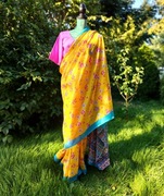 Vintage saree sari żółte w kwiaty floral indyjska 