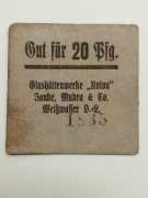 Niemcy Notgeld/Bon 20 Pfennig 1920r. Huta Szkła Union-Weißwasser/Biała Woda