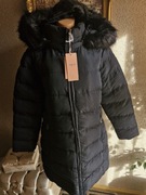 Kurtka damska długa granatowa ciepła zamek  z kapturem L XL futerko