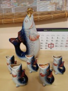 KARAFKA RYBA POŁONNE + 5 KIELISZKÓW PORCELANA PRL VINTAGE