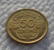 Francja III Republika 50 centymów centimes 1939 KM# 894 Ładny stan