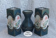 Świeczniki drewniane, szklany wazonik, komplet, decoupage, rękodzieło. 