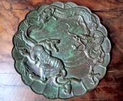 Talerz Japoński  Meji Brąz Patynowy Tygrys Smok