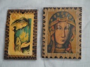 dwa obrazki na drewnie Chrystus i Matka Boska