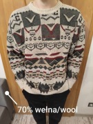 Męski beżowo szary wełniany sweter wzorzysty we wzory wełna naturalny skład