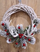 Wianek wiklinowy bożonarodzeniowy biały 30cm z porożem