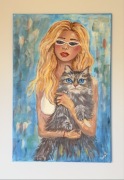 Blondi z kotem, akryl na płótnie 40x60