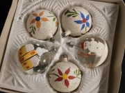 Bombki z PRL, 5 szt okragłe retro ozdoby choinkowe bałwanek kościół kwiaty
