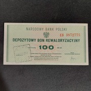 DEPOZYTOWY BON REWALORYZACYJNY NA KWOTĘ 100 ZŁ EB 3872775 pamiątki PRL