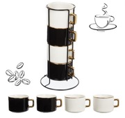 Zestaw kubków do kawy ze złotymi uszkami i stojakiem