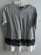 Bluzka damska t-shirt szara z koronką i plisowaniem Reserved nowa r. 38 M
