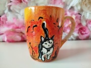 Kubek ręcznie malowany - płonący kot strażak 