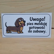 Zabawna Tabliczka "Uwaga! Pies melduje gotowość do zabawy" – Jamnik