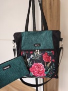 Torebka sztruksowa z kosmetyczką piwonia butelkowa zieleń,czarna 