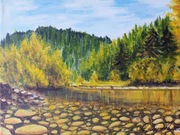 OBRAZ RĘCZNIE MALOWANY PEJZAŻ AKRYLOWY "NAD KAMIENNYM DNEM" - 24x30cm
