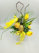 Stroik Wielkanocny w Donicy - Żółte Tulipany, Zajączek i Ptaszek