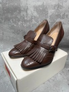 Ralph Lauren skórzane loafersy damskie eleganckie brązowe frędzle klamra