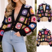 Kardigan sweter hamdmade czrrny kwadraty babci one size
