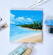 ręcznie malowany obraz " Na Tropikalnej Plaży"  20x20 cm  akryl