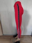 Spodnie, legginsy damskie czerwone, wysoki stan, czarne lampasy S/M