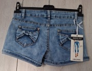 Nowe damskie krótkie spodenki jeansowe firmy Miss RJ kokardki r. 38 M