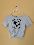 Biały t-shirt kremowy H&M z napisem crop top krótka bluzka koszulka XS 34