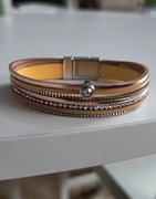 Bransoleta skórzana wielowarstwowa metaliczna złoto - miodowa na magnes