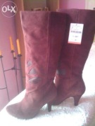 KOZAKI Skóra Naturalna ZAMSZ Bordowe STRADIVARIUS