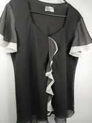 Czarna elegancka bluzka z falbaną szyfonowa kontrastowe rękawy L