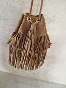 Zara torebka worek zamsz boho frędzle bucket bag 