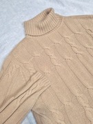 Piękny camelowy kaszmirowy sweter, warkocz, 100% kaszmir