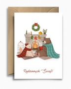 Kartka świąteczna bożonarodzeniowa - Misie przy kominku