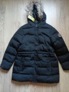 Pikowana, kurtka/ parka zimowa, czarna, futrzany kaptur