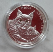 2 srebrne monety 20 rubli z Białorusi: ryś i rysie