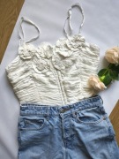 Marszczony top gorset Zara kwiaty haftki elegancki ecru