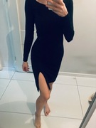 czarna sukienka z rozporkiem na udzie i długim rękawem xs 