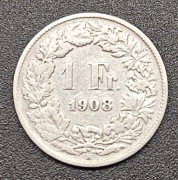 1 Frank z 1908 roku, SREBRO pr. 835  Bardzo dobry stan