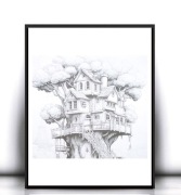 biało czarny plakat z domkiem, baśniowy plakat skandynawski styl A4