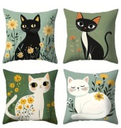 Zielona poszewka na poduszkę, bajkowe kotki, boho, 50x50cm, komplet 4szt.